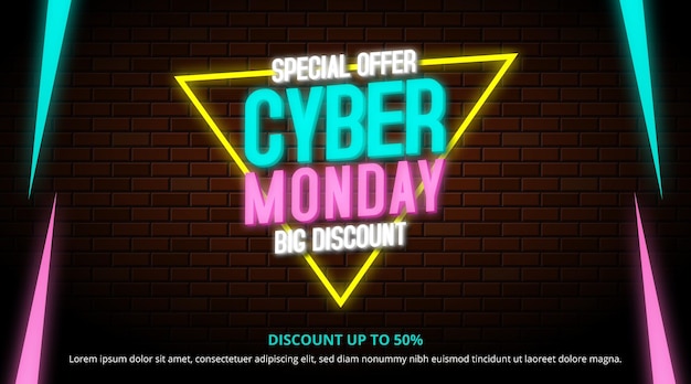 Cyber monday-verkoopachtergrond met neontekst op een bakstenen muur