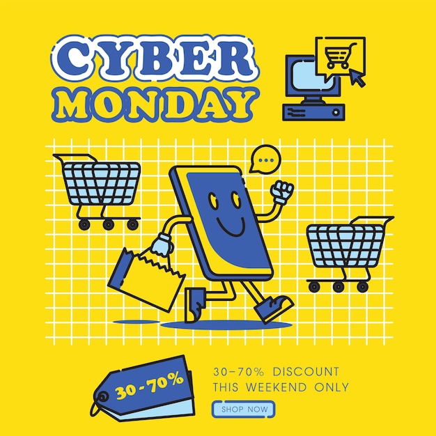 Vector cyber monday with mobile phone cartoon shopping and holding shopping bag vector illustration.