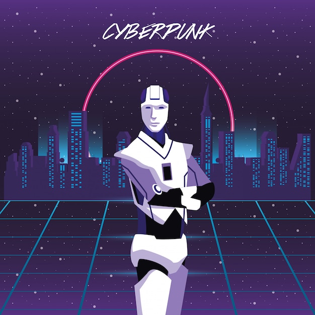 Vector cyber punk poster with humanoid robot