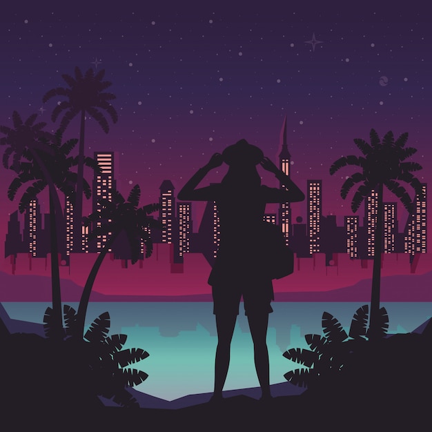 Cyber punk poster with woman in landscape silhouette