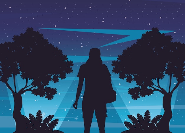 Vector cyber punk poster with woman in landscape silhouette