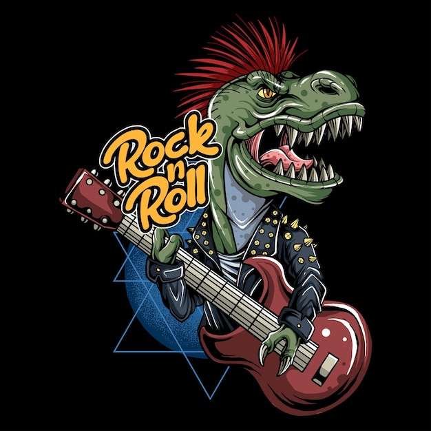 Cyber punk trex dinosaur in rocker jacket playing guitar