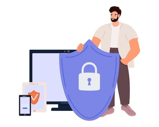 Vector cyber safety cyber security and privacy concept man holding online protection shield as symbol of defense and secure person defending and protecting data vector illustration