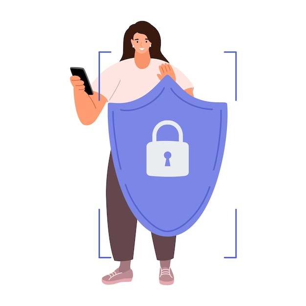 Cyber safety cyber security and privacy concept Woman holding online protection shield as symbol of defense and secure Person defending and protecting data Vector illustration