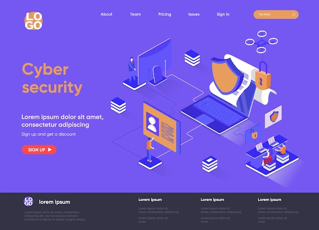 Cyber security 3d isometric landing page website illustration with people characters