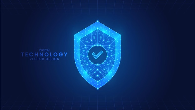 Cyber Security blauw vinkje Digitale schild bescherming blauwe veelhoek