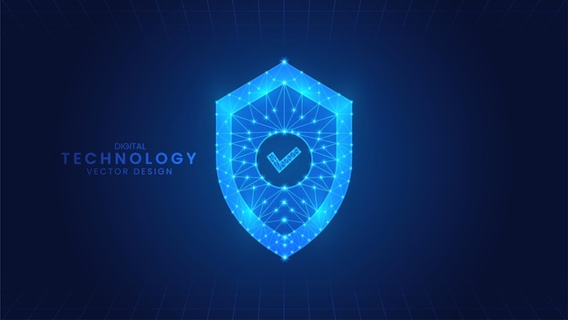 Cyber Security blue check mark Digital shield protection blue polygone