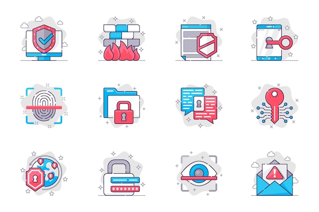 Vector cyber security concept flat line icons set data protection on internet for mobile app