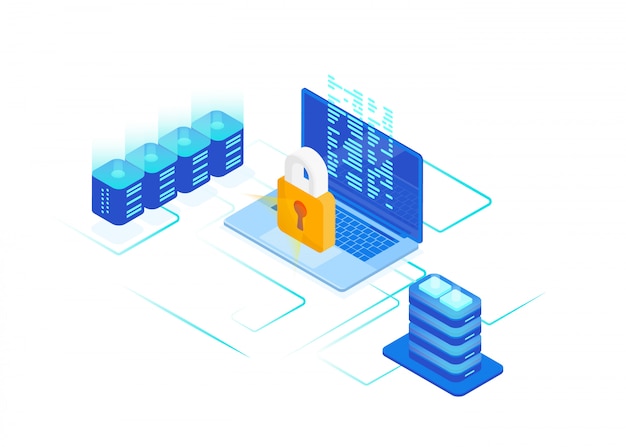 Cyber security concept of isometric computer with protect lock from cyber attack, antivirus.  illustration