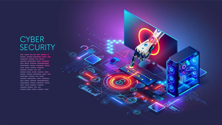 Vector cyber security concept malicious bot hand sticks out of computer screen presses button on keyboard lock icon on screen blocks access to user data data security system computer protection hacking