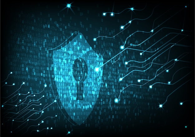 Concetto di sicurezza informatica: scudo con icona keyhole su sfondo dati digitali.