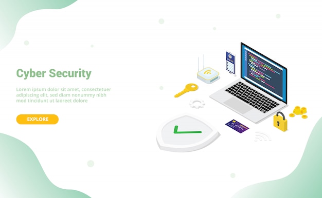 Cyber security concept with team people and secure code programmer with modern flat style and isometric design for website template or landing homepage