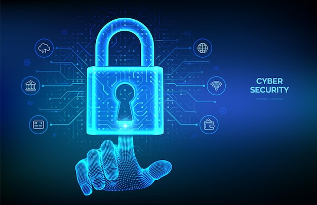 cyber security and data protection concept padlock with keyhole network safety information privacy idea circuit board pattern pcb printed circuit texture hand touching digital interface vector