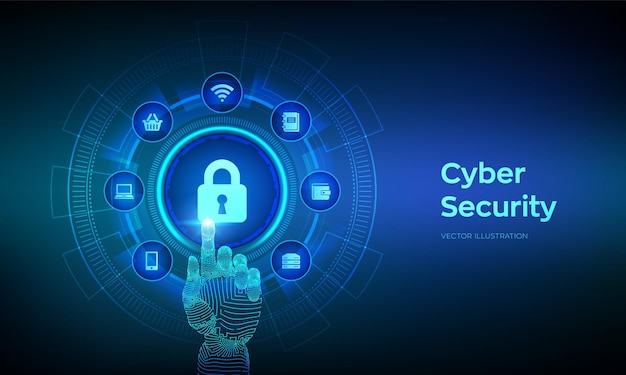 Cyber security. data protection concept on virtual screen. padlock with keyhole icon. internet privacy and safety. antivirus interface. robotic hand touching digital interface. vector illustration.