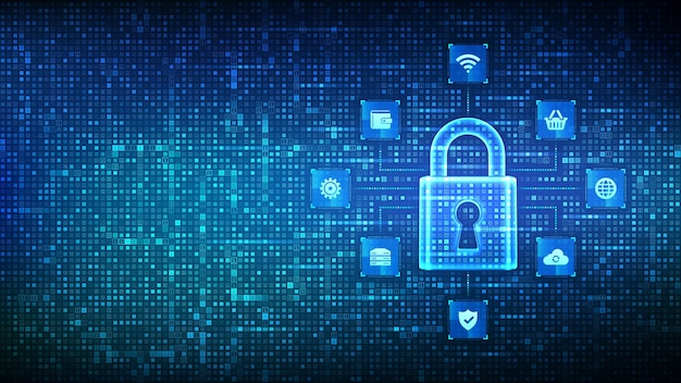 Кибербезопасность Защита данных Концепция безопасности сети Интернет Икона блокировки Фон двоичного кода