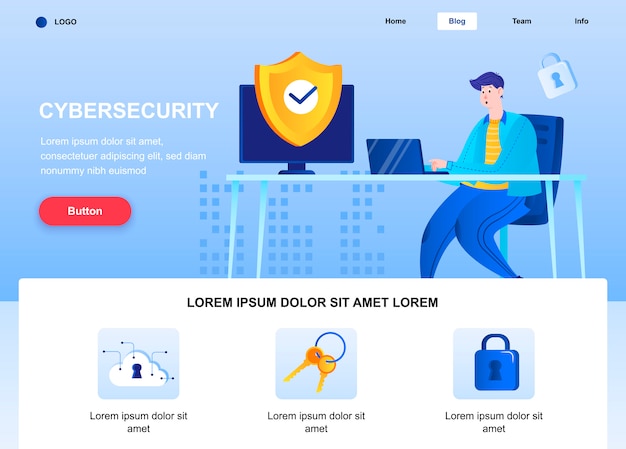 Vector cyber security flat landing page. engineer set up security system web page.