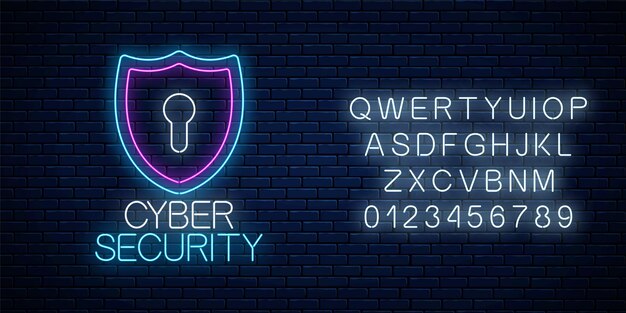 Cyber security glowing neon sign with alphabet on dark brick wall background. internet protection symbol with shield and keyhole. vector illustration.