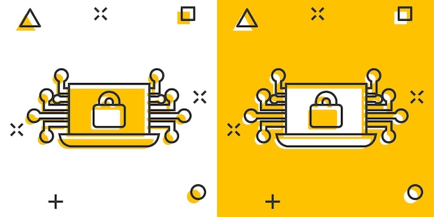 Cyber security icon in comic style Padlock locked vector cartoon illustration on white isolated background Laptop business concept splash effect