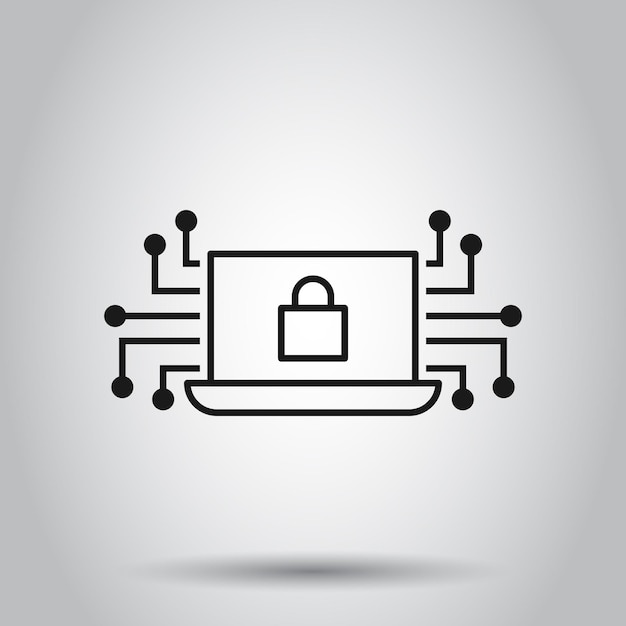 Cyber security icon in flat style Padlock locked vector illustration on isolated background Laptop business concept