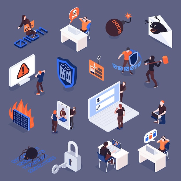 Vector cyber security and internet crimes isometric icons set 3d isolated vector illustration