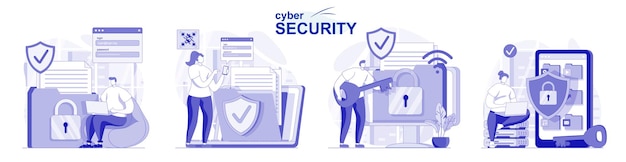 Cyber security isolated set in flat design People using safety account access online protection