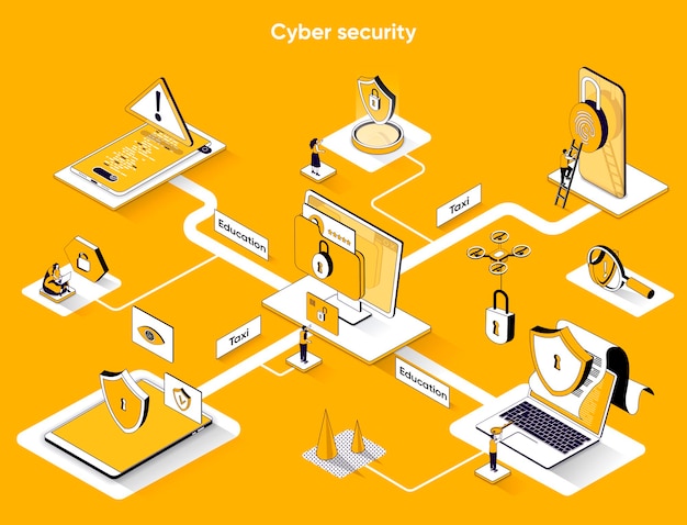 Cyber security isometric web banner flat isometry