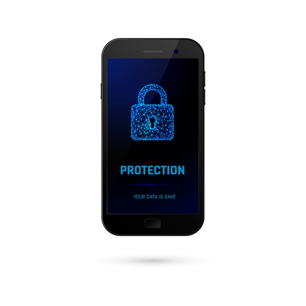 Concetto di sistema di protezione della sicurezza informatica. protezione dati. telefono cellulare con lucchetto digitale sullo schermo.