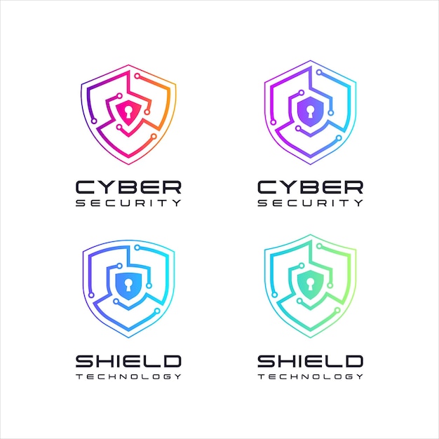 Cyber Security Shield en sleutelgat hangslot Logo-ontwerp met lineaire en stippen voor digitale technologie