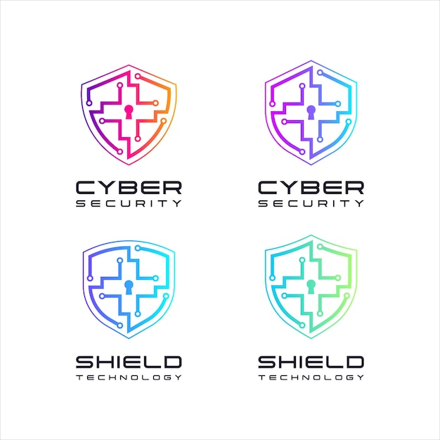 Cyber security shield e design del logo per la privacy medica con punti lineari per la tecnologia assicurativa