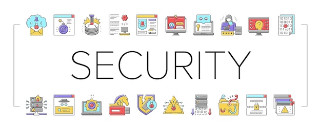 Cyber security system technology icons set vector