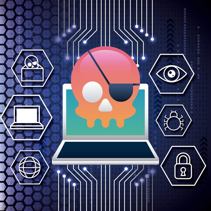 Vector cyber security technology colorful skull piracy crime computer danger padlock 