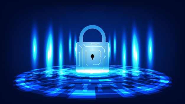 사이버 보안 기술 및 개인 정보 데이터 보호 개념. 가상 화면이 있는 디지털 자물쇠