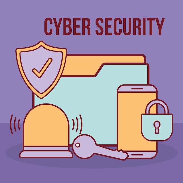 Cyber security text and folder with a padlock and bundle of cyber security icons