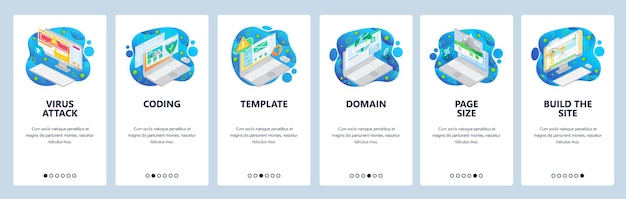 Cyber security virus attack coding domain isometric icons Mobile app onboarding screens Menu vector banner template for website and mobile development Web site design flat illustration
