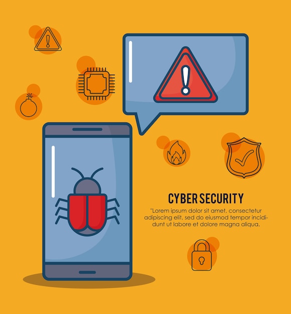 Cyber security with smartphone and virus bug icon over orange background