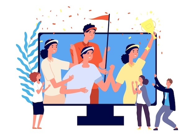 Cyber sport competition winners. Happy team with golden cup on computer screen. Flat cartoon fans, fun online sportsman award vector illustration. Team cybersport, championship tournament