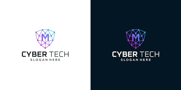 Вектор Шаблон логотипа cyber tech с начальной буквой m векторной иллюстрации графического дизайна символ для технической безопасности интернет-системы искусственный интеллект и компьютер