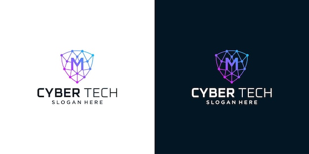Vector cyber tech logo design template with initial letter m graphic design vector illustration symbol for tech security internet system artificial intelligence and computer