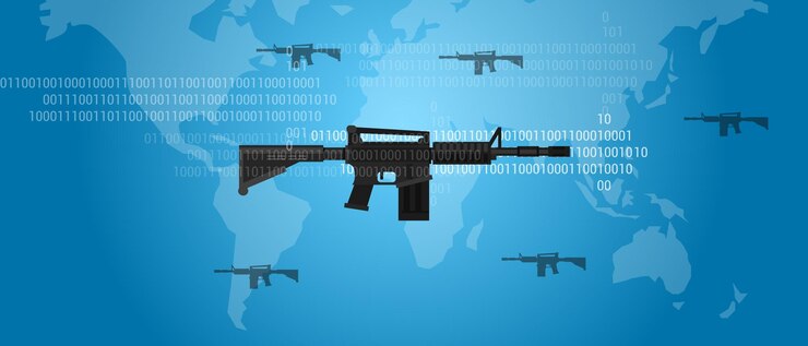 Vector cyber warfare concept gun digital code world wide military assault firearm