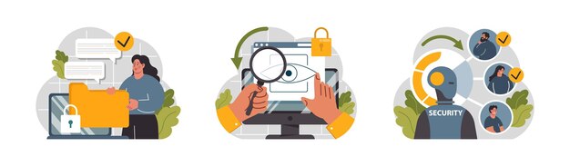 Cyber or web security set Artificial intelligence provide data protection and database safety of a digital device Protection of the internet access cyber attack prevention Flat vector illustration