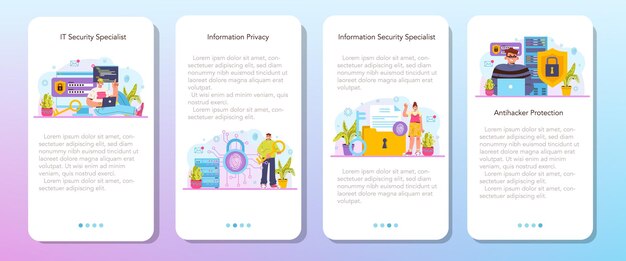 Set di banner per applicazioni mobili specialista in sicurezza informatica o web. dati digitali