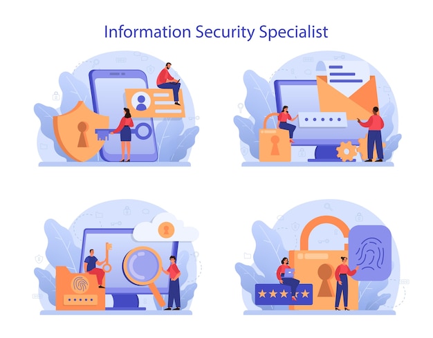 Cyber or web security specialist set. idea of digital data protection and safety.