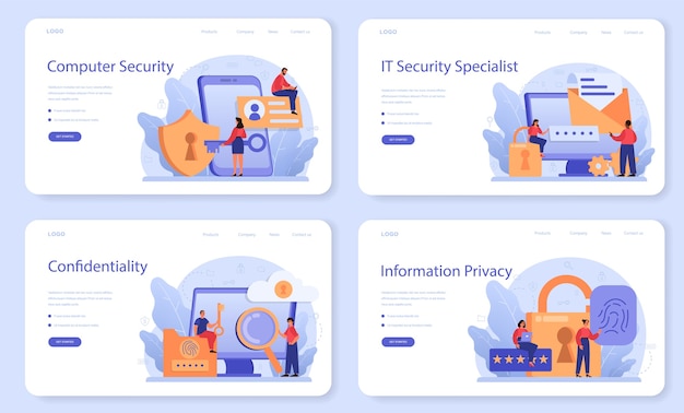 Vector cyber or web security specialist web template or landing page set.