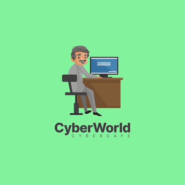 Modello di logo della mascotte vettoriale del cyber café del mondo cyber