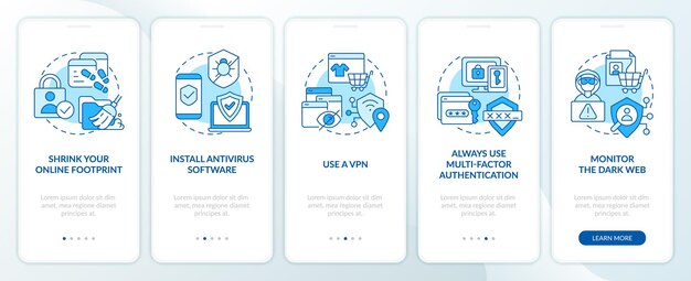 Cyberaanvallen voorkomen blauw onboarding mobiele app-scherm