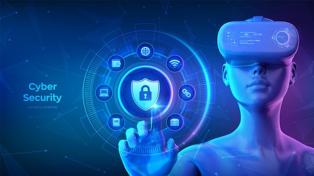 Cyberbeveiliging Gegevensbescherming antivirus veilig technologieconcept op virtueel scherm Meisje met een VR-headsetbril die digitale interface aanraakt met schildbeschermingspictogram Vectorillustratie