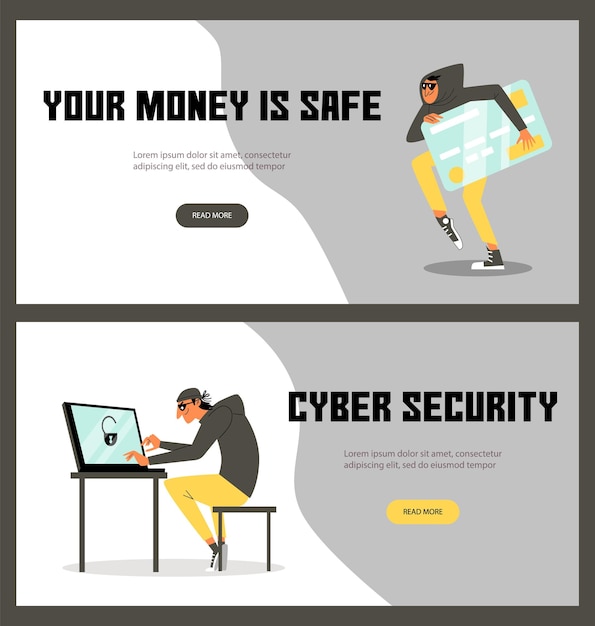 Cyberbeveiligingsbanners instellen hacker steelt bankrekeninggegevens cybercriminaliteit en phishing-concept platte vectorillustratie