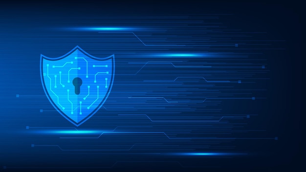 Vector cyberbeveiligingstechnologie concept digitaal schild met virtueel scherm op donkerblauwe achtergrond