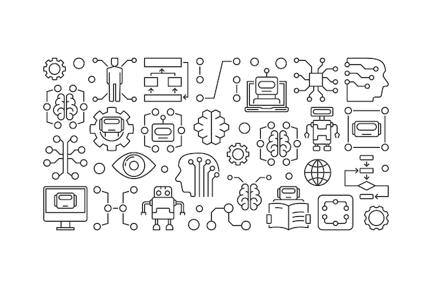 サイバーブレインと人工知能のベクトル バナーまたは細い線のスタイルのイラスト