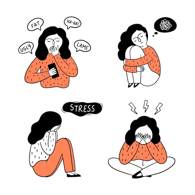 Cyberbullying concept. A set of girl experiencing different emotions such as fear, sadness, depression, stress.  hand-drawn illustration.